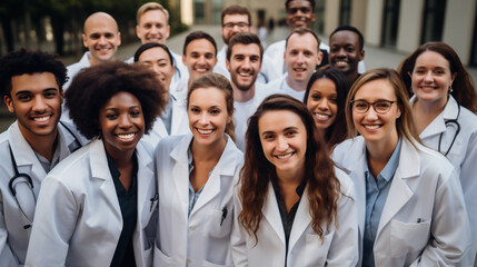 Fototapeta premium Group of smiling multiethnic doctors in medical gowns standing outdoors
