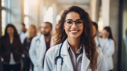 Portrait of a smiling female doctor in eyeglasses standing in front of her team - obrazy, fototapety, plakaty