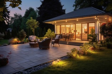 Summer evening on the patio of beautiful suburban house with lights in the garden garden