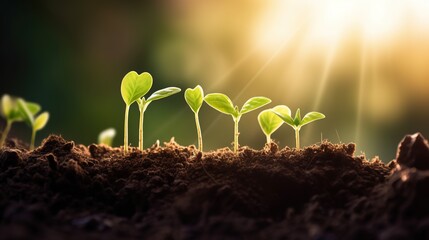 The seedling are growing from the rich soil to the morning sunlight that is shining, ecology concept. wide panoramic banner