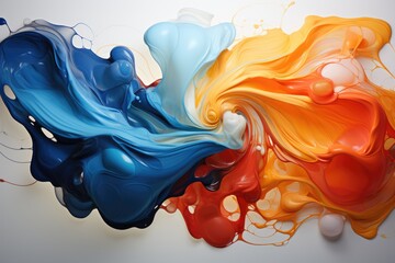 Vivid abstract art featuring swirling orange and blue hues in a dynamic, bloom-like formation with a lively, fluid energy.