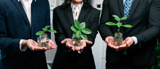  Business people holding money savings jar filled with coins and growing plant for sustainable financial planning for retirement or eco subsidy investment for environment protection. Quaint © Summit Art Creations