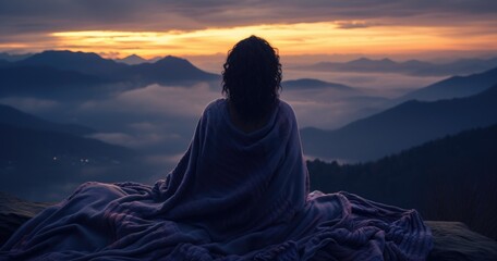 Serene mountain repose: girl finding tranquility in nature's embrace, panoramic relaxation amid breathtaking landscapes.