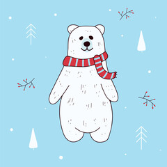 Cute white polar bear with a striped scarf, hand-drawn, on a blue background with berries and tree silhouettes. Vector illustration. For greeting cards, decorations, printing.