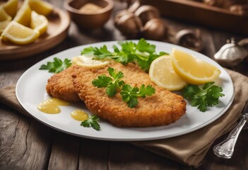 Crispy Delight: Breaded Wiener Schnitzel Perfection, Adorned with Zesty Lemon and Fresh Parsley – A Culinary Masterpiece