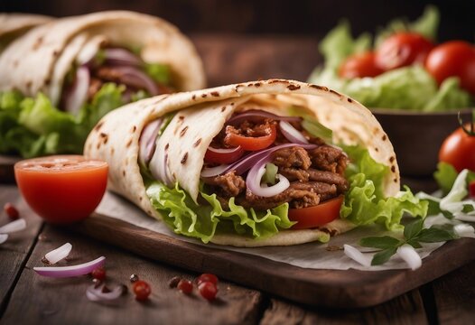 Delicious gyros fast food in flatbread lettuce tomatoes onions rolled served on wooden plate