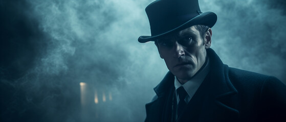 Victorian murder mystery. A detective in the fog searching for clues in London. In the style of a...