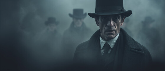 Victorian murder mystery. A detective in the fog searching for clues in London. In the style of a panoramic movie still.