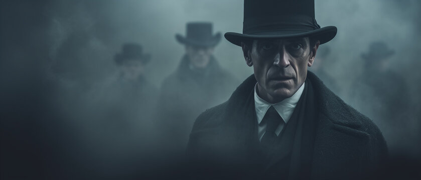 Victorian murder mystery. A detective in the fog searching for clues in London. 