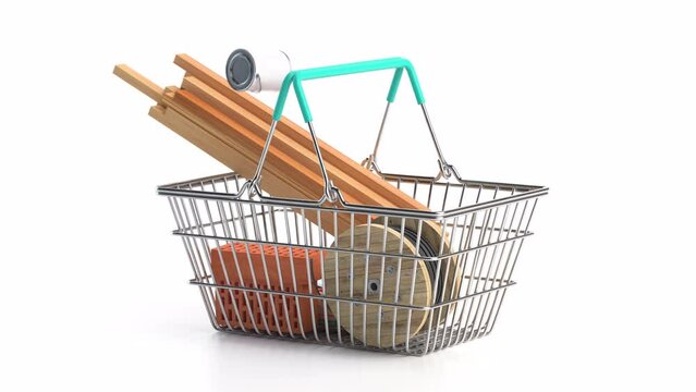 Shopping basket full of construction materials and tools. 3d animation