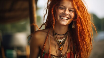  beautiful redhead hippie girl with smile, piercing and rastas, concept: joy of living, copy space, 16:9 - obrazy, fototapety, plakaty