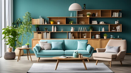 Scandinavian interior Library with Turquoise color theme