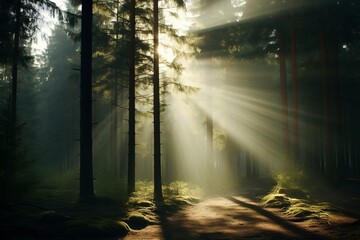 Obraz premium Captivating sunbeams filtering through a mystical misty forest, casting mesmerizing sunlight rays