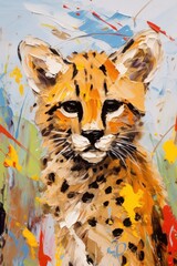 Metaphorical associative card on theme of animal. Leopard or cheetah. In style of impressionism and oil painting. Psychological abstract picture. Postcard, wall decoration, book illustration.