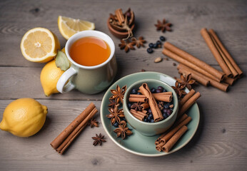 Obraz na płótnie Canvas Cup of tea, cinnamon, lemon