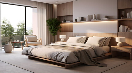 Scandinavian interior Master Bedroom with Beige color theme