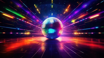 Glowing Disco Ball in a Vibrant Nightclub. Disco Ball Reflecting Neon Lights. Retro-Future Party. Modern Club. Futuristic Dance Floor.