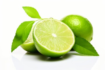 Close up of a juicy and refreshing green lemon with leaves isolated on a pristine white background