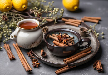 Obraz na płótnie Canvas Cup of tea, cinnamon, lemon