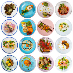 Collection of various dishes on round plates on white background