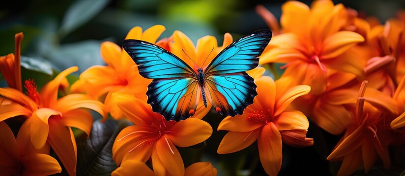In the nature-filled garden, a colorful butterfly, resembling a miniature peacock, fluttered amidst the tropical blooms, its vibrant orange wings contrasting with the lush green leaves. The exquisite