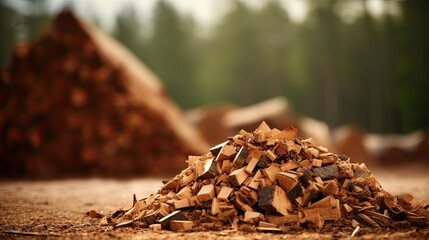 In the timber industry, waste wood chips are converted into bioenergy using advanced biomass technology, benefiting both the environment and the natural ecosystem through eco friendly recycling of - obrazy, fototapety, plakaty