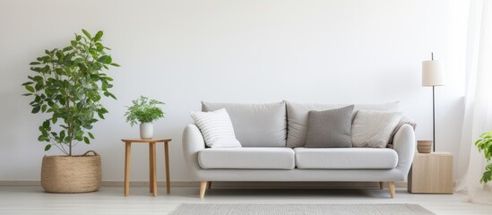 Minimalistic decoration and grey sofa in a bright living room.