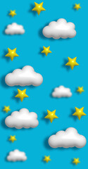 Abstract blue background with white puffy clouds and stars, 3D rendering illustration