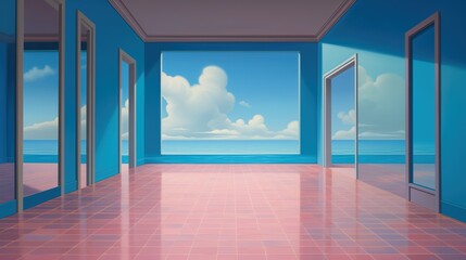 Empty beach front room, surreal perspective architecture simplicity - calm ocean blue sky view - minimalist freedom.