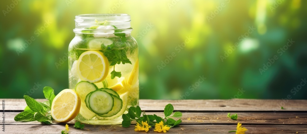 Sticker Homemade lemonade flavored with cucumber, thyme, and lime on a rustic wooden table.