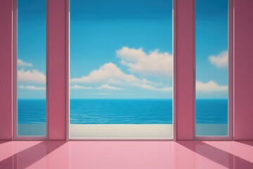 Empty pink room with balcony and tall windows - calming ocean blue sky view - idyllic lucid dreamscape - minimalist Architecture - tranquil design style with surreal simplicity.