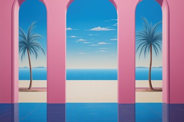 Surreal dreamscape of vivid blue sky and calm ocean with pink balcony arches and pillars and two planted palm trees.