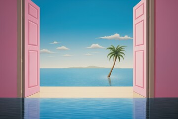 Surreal dreamscape of vivid blue sky and calm ocean with a palm tree.