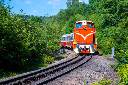 DESNA, CZECHIA - JULY 02: Cogwheel locomotive of the T426.0 series, nicknamed the Austrian, Czech: Rakusanka, on the rack-and-pinion railway between Tanvald and Korenov, Czechia