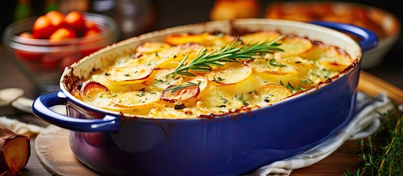 In a horizontal close-up, a vibrant and appetizing dish is served at the table, featuring a colorful vegetable casserole with baked potatoes, onions, and cheese gratin, topped with a sprinkle of fresh