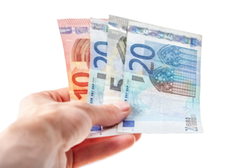 Man holding, giving out away a few Euro banknotes in hand, small bills, European currency simple concept One person, salary bonus, earning money and payment, paying with cash, tipping, bribing gesture