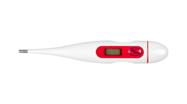 Modern generic digital electronic thermometer with a blank display and on off button, single object isolated on white background, cut out, top view. Temperature measurement simple concept, nobody