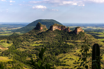 View of the rock formation known as Três Pedras, a set of testimonial hills, located in the rural...