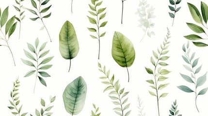 Minimalistic Watercolor Seamless Pattern with Botanical Leaves and Ferns AI Generated