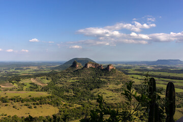 View of the rock formation known as Três Pedras, a set of testimonial hills, located in the rural...