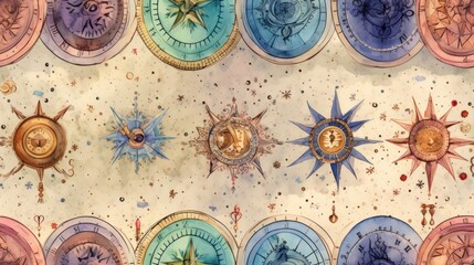 Fototapeta na wymiar Vintage Astrological Symbols Watercolor Seamless Pattern AI Generated