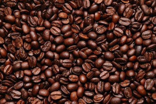surface of roasted coffee beans seen from above