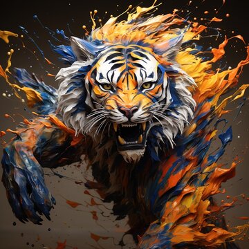 A majestic tiger 3d splash art with paint dripping style. Colorful paint splash style, fantasy concept art. Motion effect