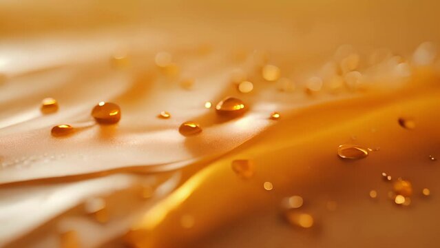 Closeup of a small, square patch of bright orange fabric, demonstrating its superabsorbent properties as it swells up with oil droplets.