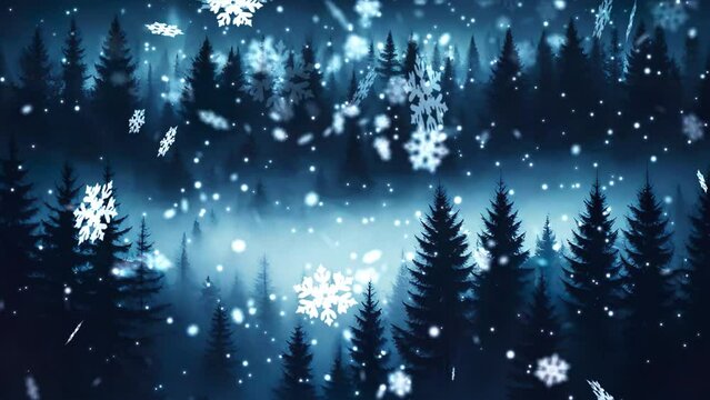 Panorama of dark winter forest under fairy snowfall