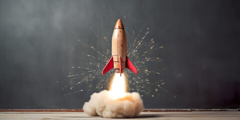 Rocket made with recycled materials taking off, blackboard background, concept of intelligence, undertake project