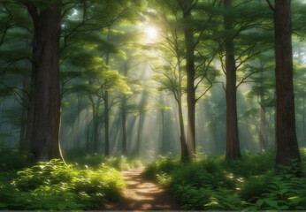 Fototapeta na wymiar Summer Green dense forest, rays of sunlight seeping through the foliage