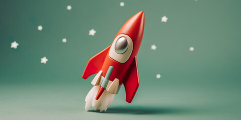 Toy red rocket with stars background