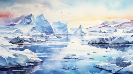 Captivating Watercolor Icy Tundra with Penguins and Glaciers AI Generated - obrazy, fototapety, plakaty