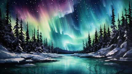 Fototapeta na wymiar Captivating Watercolor Northern Lights over a Frozen Lake AI Generated